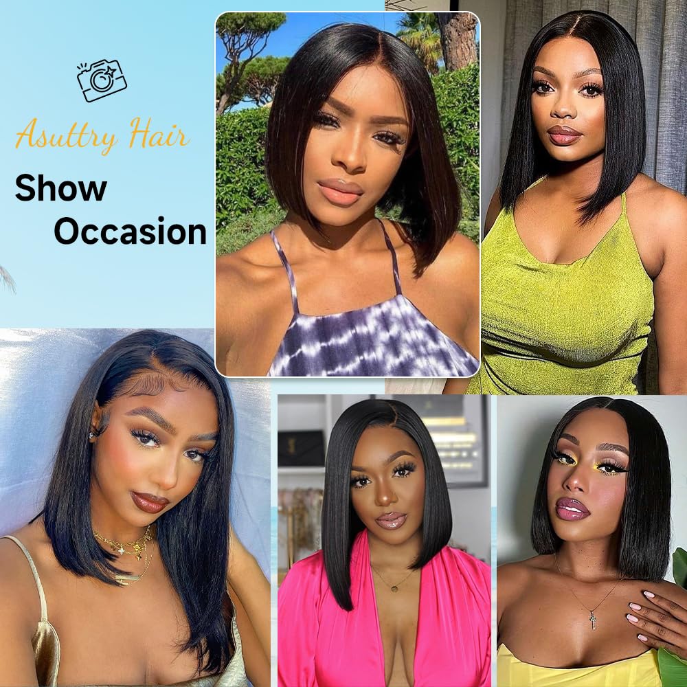 ASUTTRY Bob Wig Human Hair 200 Density Virgin Remy Hair Double Drawn Human Hair Wig 3x Longer Lifespan 13x4 HD Lace Front Wigs Human Hair Pre Plucked Bone Straight Short Bob Natural Black 10”