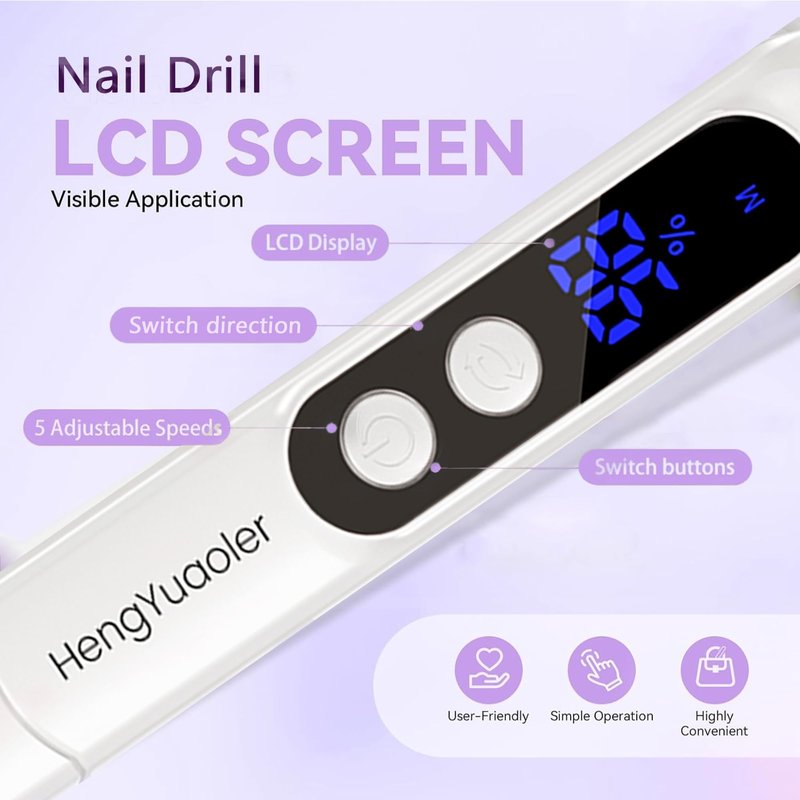 HengYuaoler Electric Nail Drill Professional Manicure Pedicure Kit Acrylic Nail Drill Machine for Gel Cordless Nail File Machine Toe Nail Tools 3 Speeds Thick Toenail Grinder(White