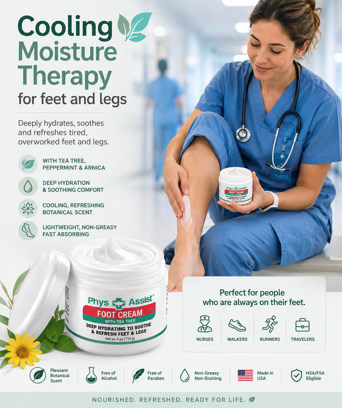 PhysAssist Foot Cream with Tea Tree – Deep Hydrating Foot & Leg Cream for Dry, Tired & Sensitive Skin – Refreshing Moisture Support with Peppermint, Menthol & Vitamin E – 4 oz Jar