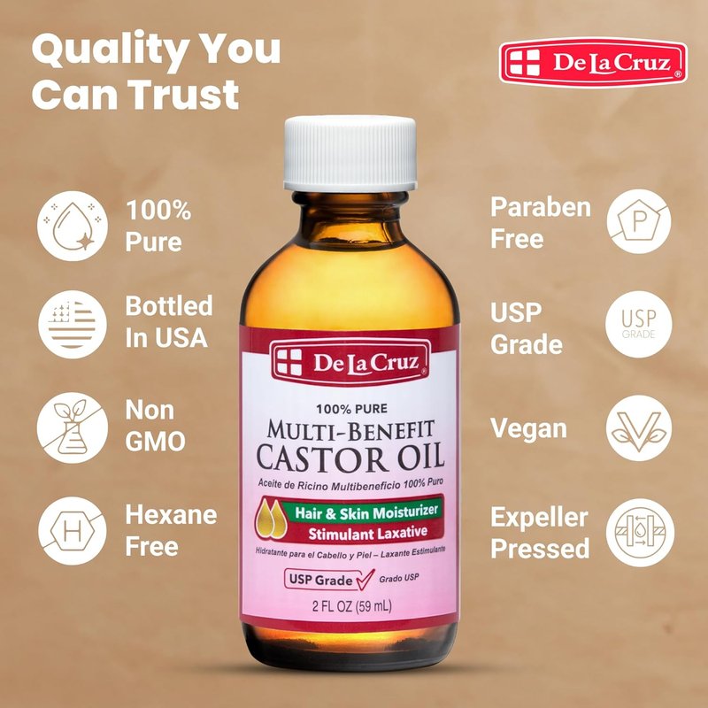 De La Cruz Castor Oil - 100% Pure Hair & Skin Treatment | USP Grade, 2 FL OZ (6 Glass Bottles)