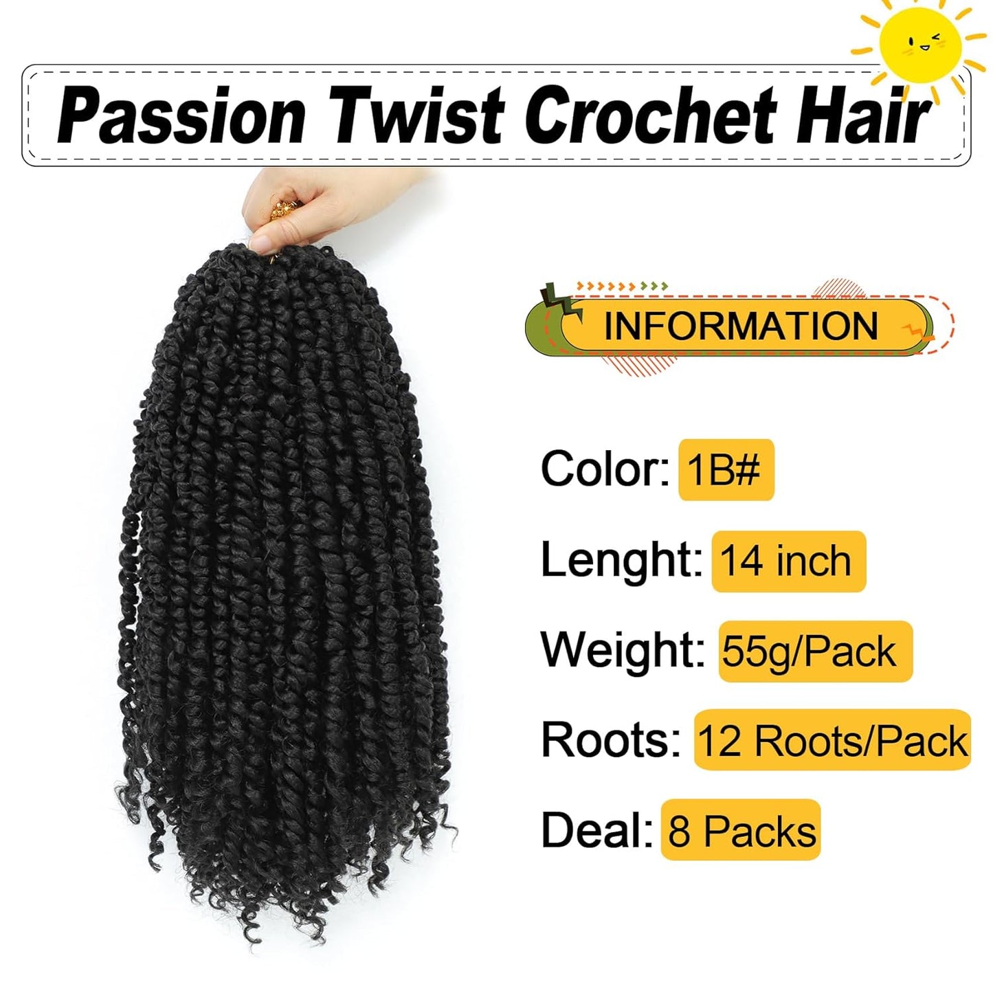 Passion Twist Crochet Hair - 14 Inch Pre-Twisted Curly Hair for Black Women | 8 Packs, Color 1B#