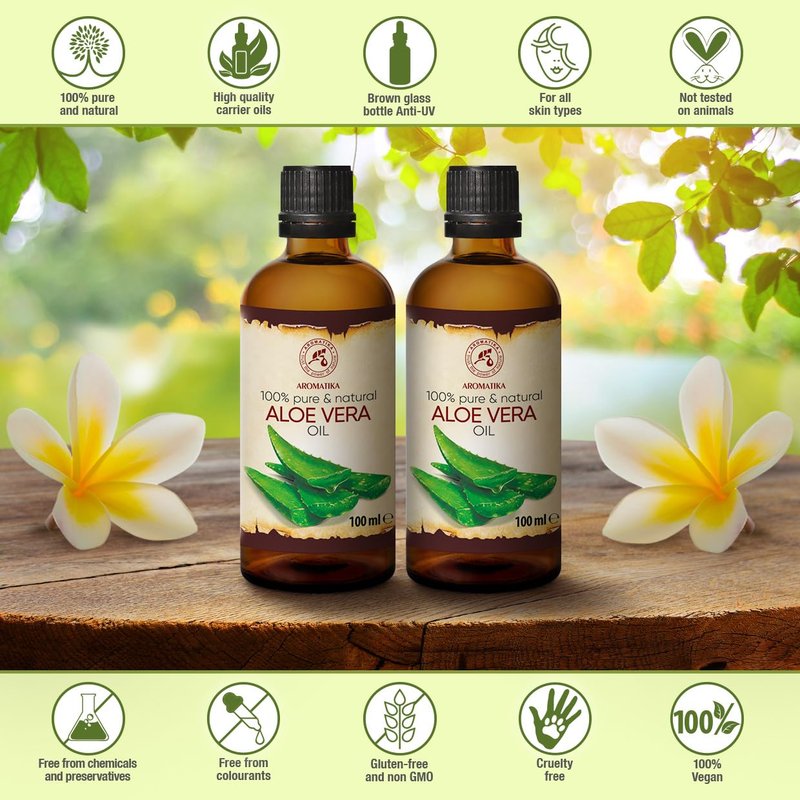 Aloe Vera Oil - Pure Natural Base Oil for Face, Body, Hair | 6.8 Fl Oz Glass Bottle - Intensive Care