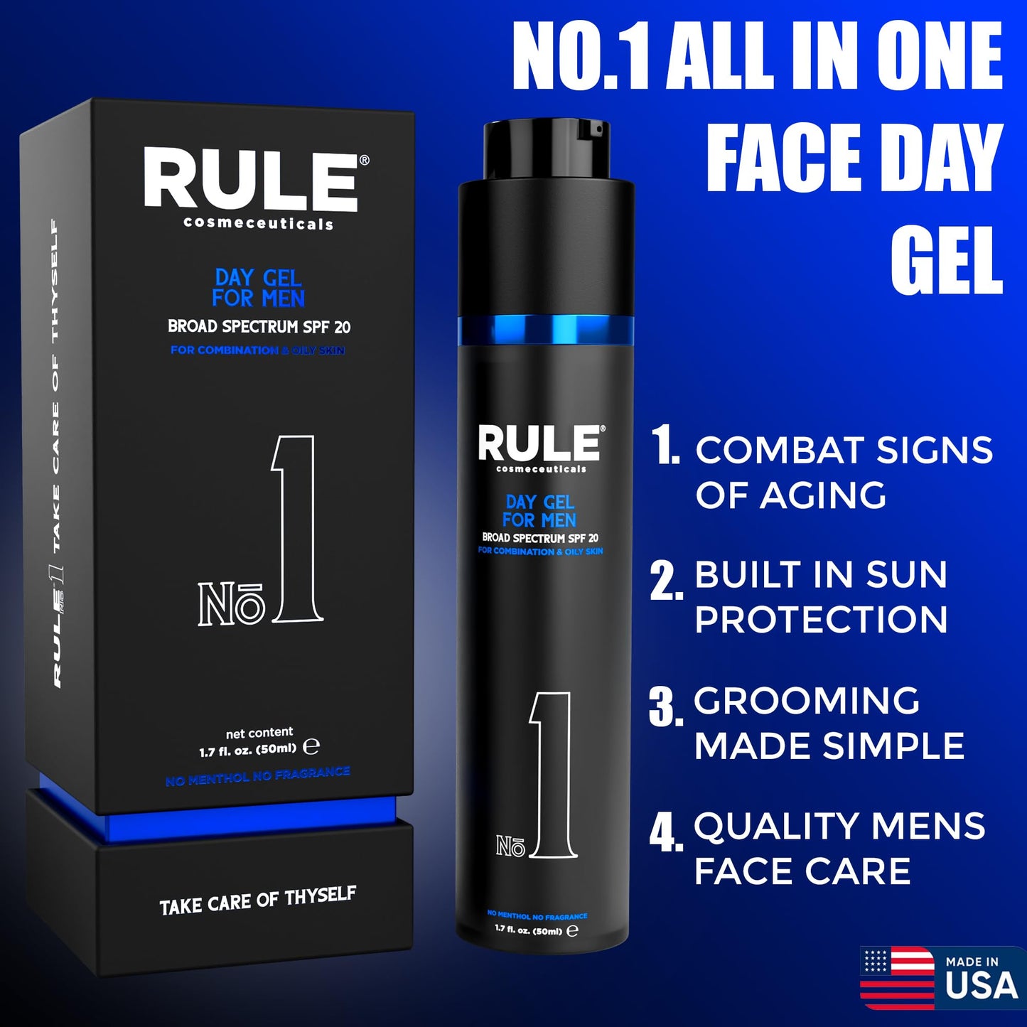 RULE COSMECEUTICALS No.1 Day Gel for Men, 10-in-1 Anti-Aging Face Moisturizer to Reduce Wrinkles, SPF 20, Collagen, Vitamins B, C & E - Combination & Oily Skin - No Menthol, No Fragrance, 50 mL