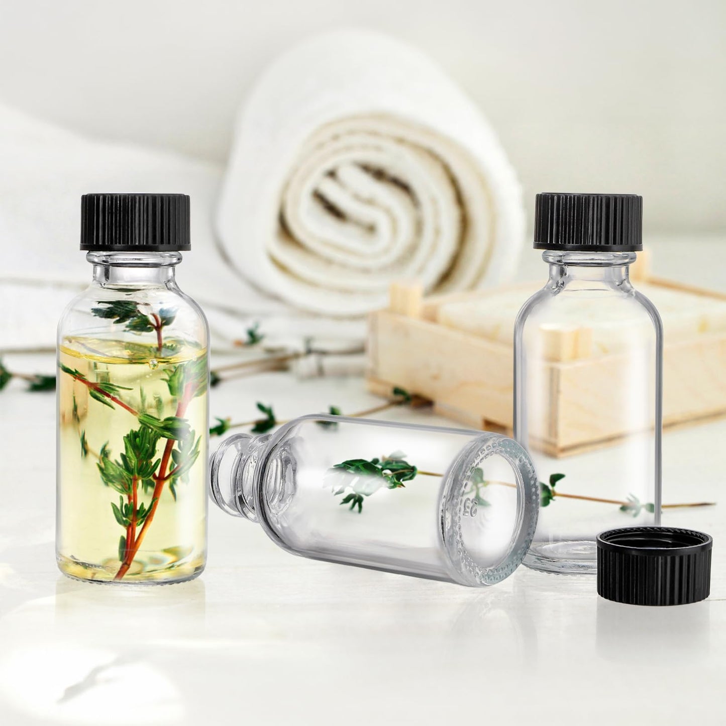 Bekith 30 Pack Boston Round Glass Bottle with Black Cap, 1 oz (30ml) Clear Glass Bottles Small Travel Bottle for DIY Essential Oils, Perfumes, Whiskey and Juices