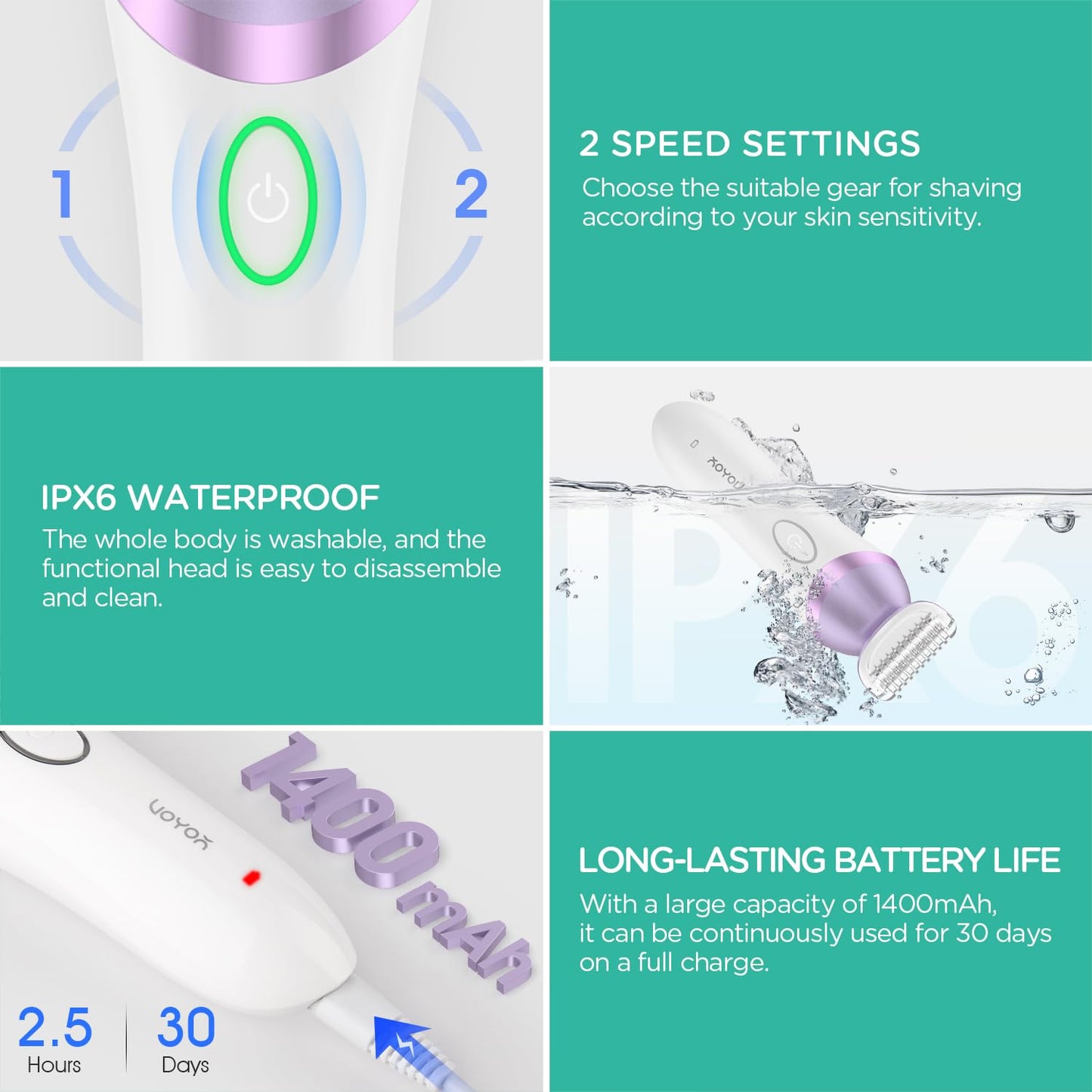 VOYOR Electric Razors for Women 4 in 1 Bikini Trimmer, Foil Shaver for Women 4 Replacement Heads for Body, Pubic Hair Trimmer, Cleansing, Massage 2 Adjustable Speeds Rechargeable Shaver ES501 (Purple)
