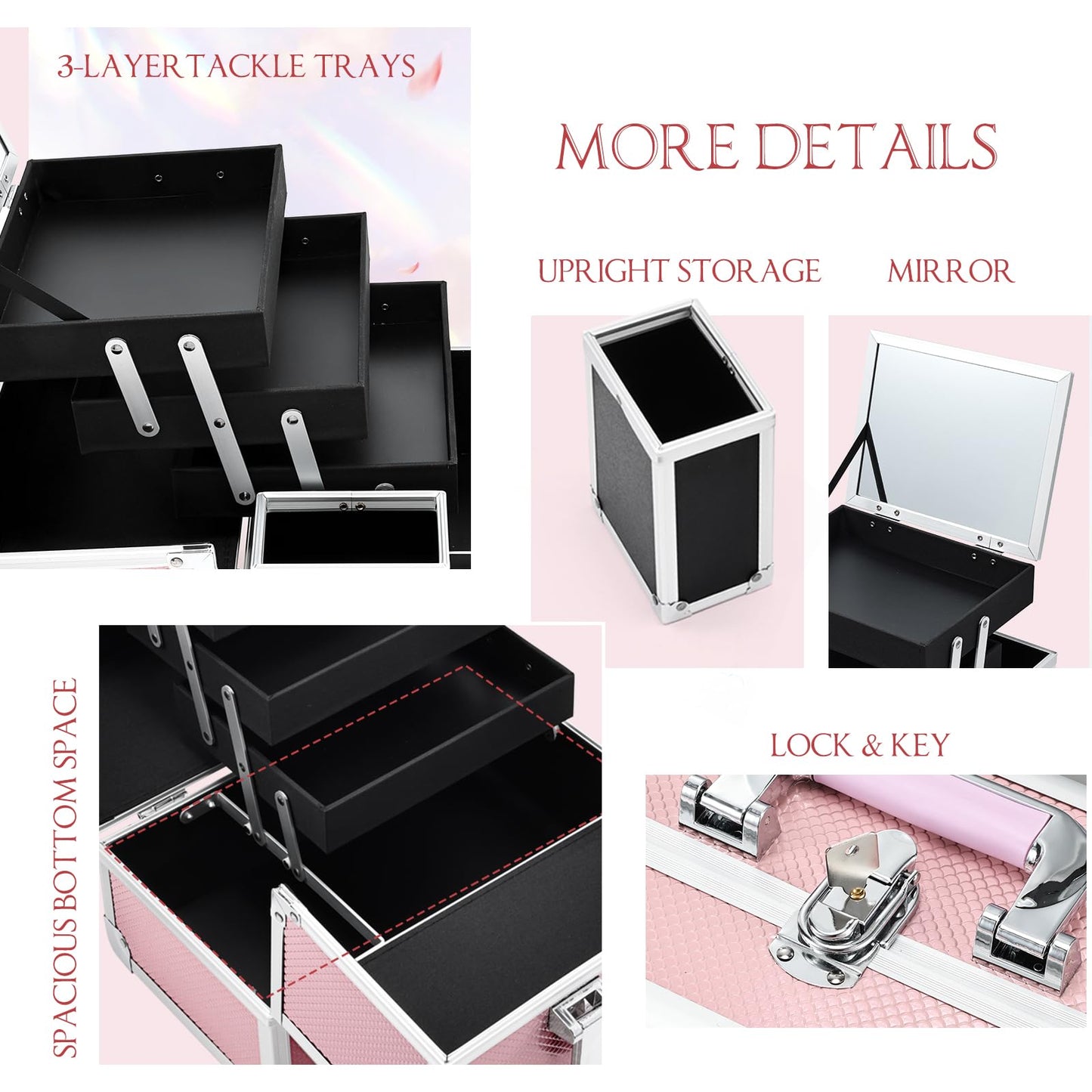 Joligrace 3-Tray Makeup Case with Mirror & Brush Holder, 11.6" Mermaid Pink
