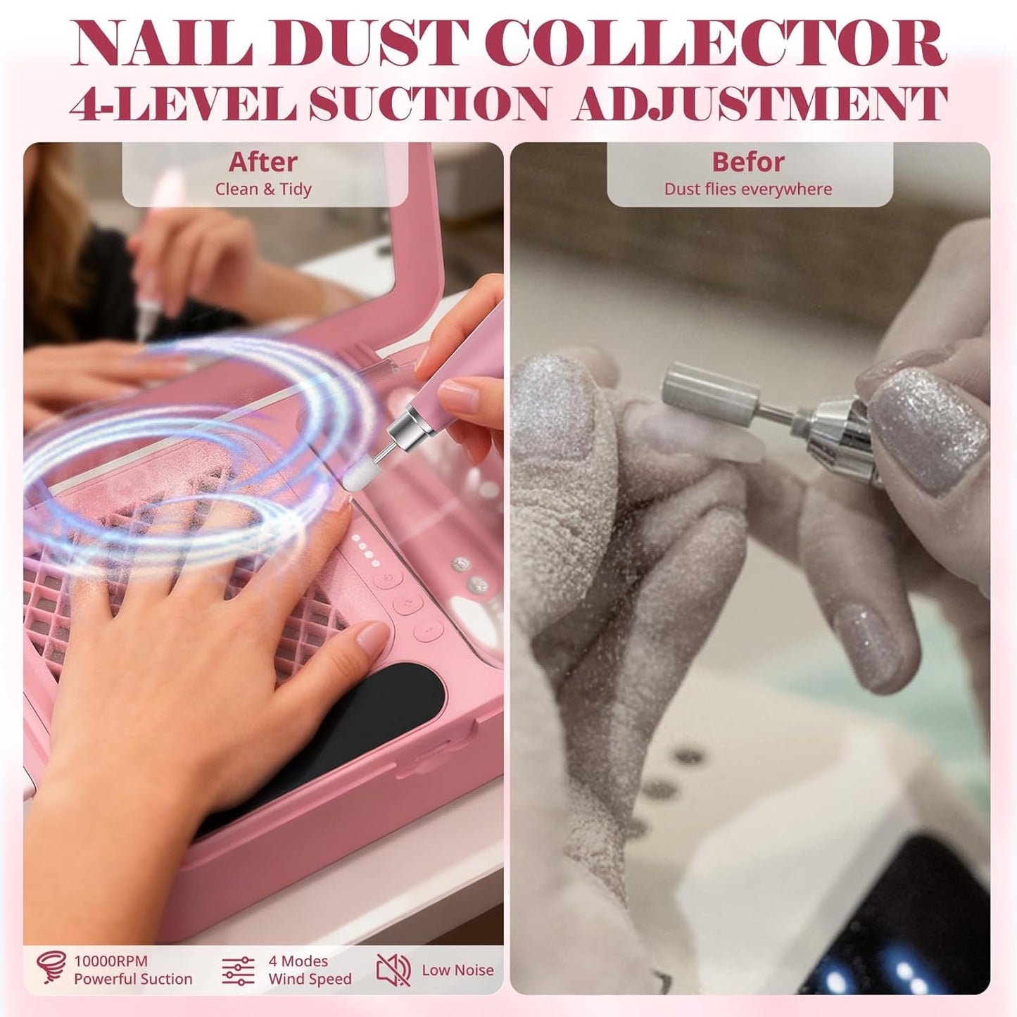 Nail Dust Collector & Cordless Electric Nail Drill Kit | Professional Manicure & Pedicure with 13 Bits - Pink