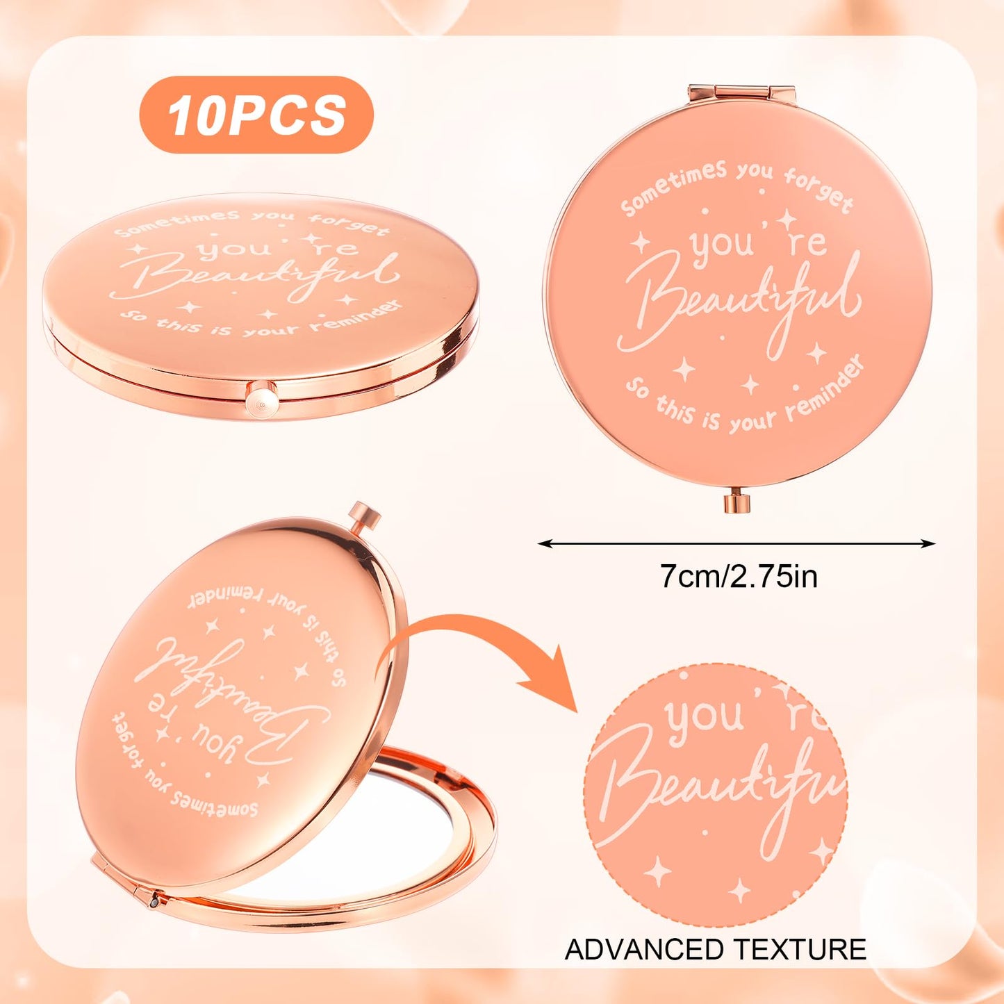 10Pcs Small Compact Mirror, 1x/2x Magnifying Double Sided Pocket Mirror 2.75 Inch Metal Rhinestone Compact Mirrors Bulk, Inspirational Appreciation Gifts for Valentines Day Women Girls Nurse Friends
