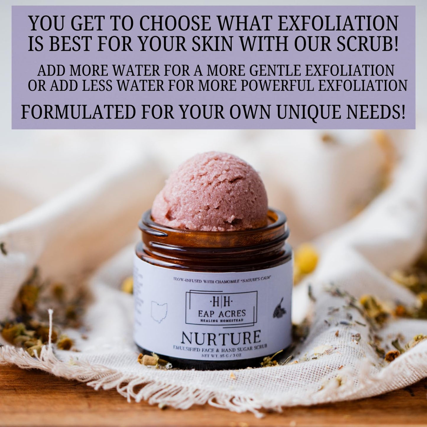 Emulsified Face Sugar Scrub, Organic squalane oil/Castor oil: infused Chamomile, Kokum Butter, Purple Clay, Colloidal Oatmeal, Manuka Honey-Gentle exfoliant: Dry/Sensitive/Acne-Prone (NURTURE)