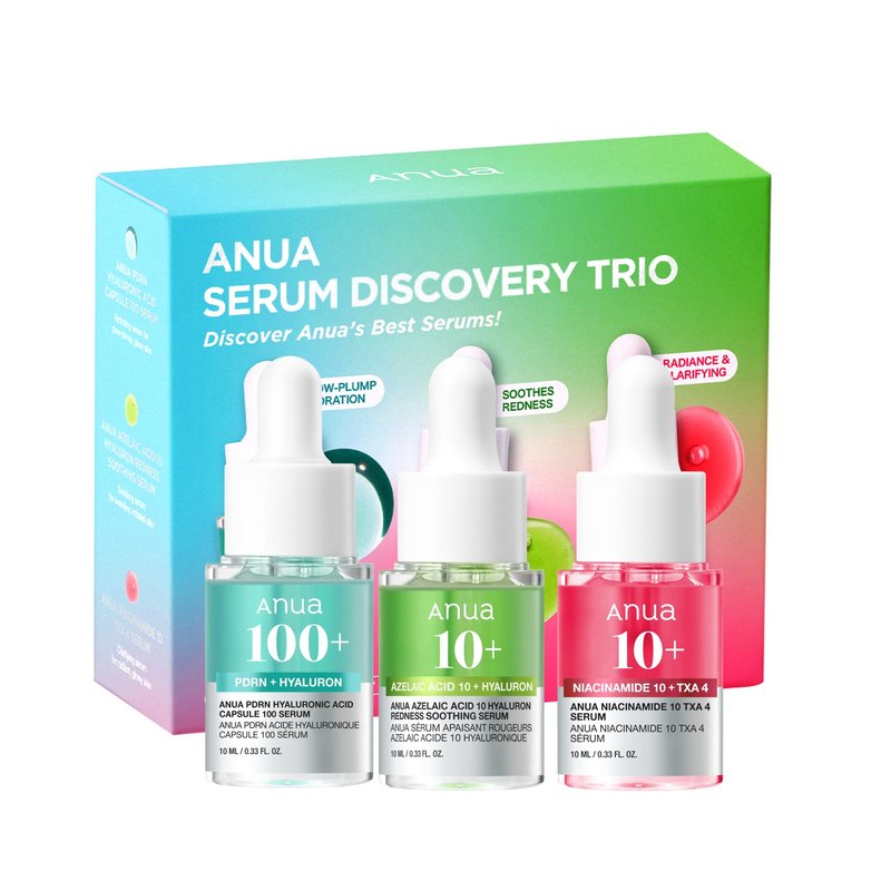 Anua Serum Discovery Trio, Hyaluronic Acid, PDRN, Azelaic Acid & TXA Niacinamide Face Serum Kit, Mini Travel Essentials for Soothing & Glass Glow Hydration, Korean SkinCare Gift Set, 0.33 fl.oz x 3 ea