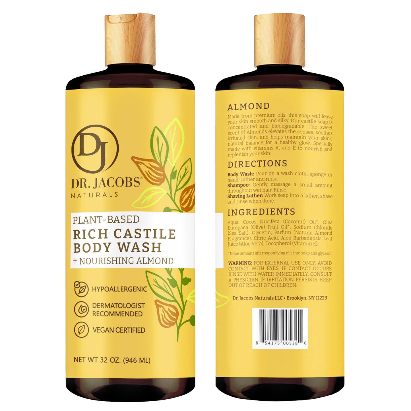 Dr. Jacobs Naturals Pure Castile Soap Liquid Body Wash, Almond - Plant Based Castile Soap Infused with Vitamin E and Aloe Vera to Moisturize Dry and Sensitive Skin - Made in The USA - 32 oz, Pack of 2