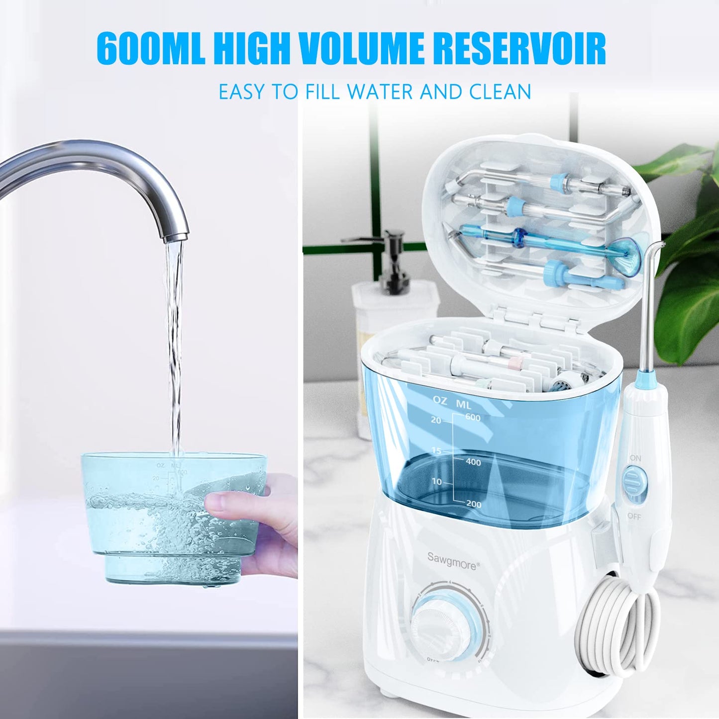Sawgmore Water Flosser Oral Irrigator, 600 ml Large Capacity, 10 Adjustable Pressures, Electric Flosser for Teeth/Braces, 8 Home Nozzles Oral Irrigator(White)