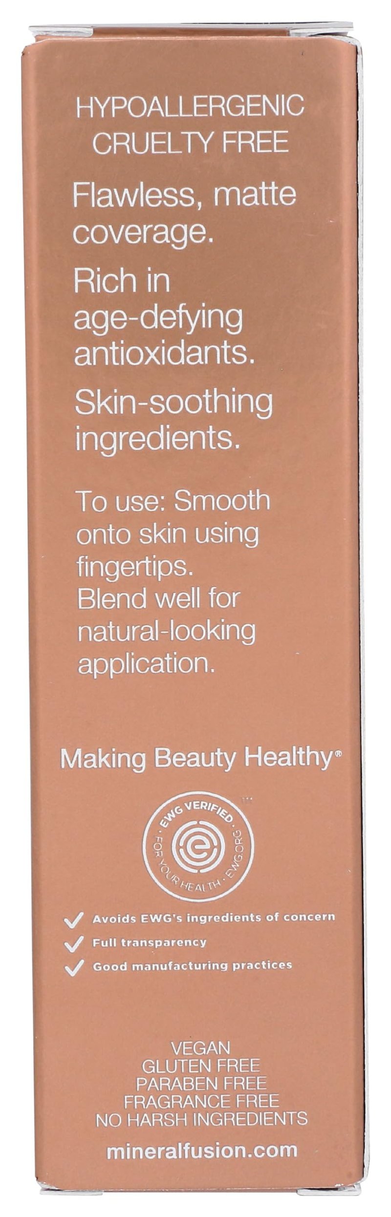 Mineral Fusion Full Coverage Foundation, Liquid Foundation - Deep 2- Tan Complexion w/Golden Undertones, Lightweight Matte Finish, Up to 12 Hr Hydration, Hypoallergenic & Vegan, 1 fl. oz