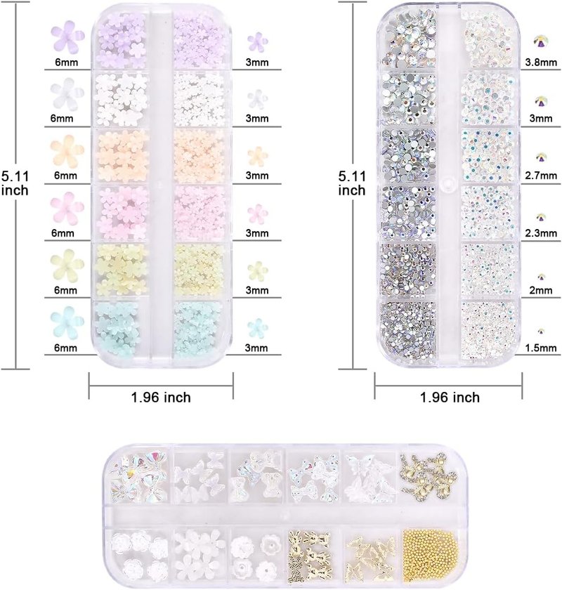 3D Flowers Nail Art Charms Kit - 400Pcs Acrylic Flowers & 1500Pcs AB Rhinestones | 200Pcs Butterflies & Bows for Creative Nail Designs