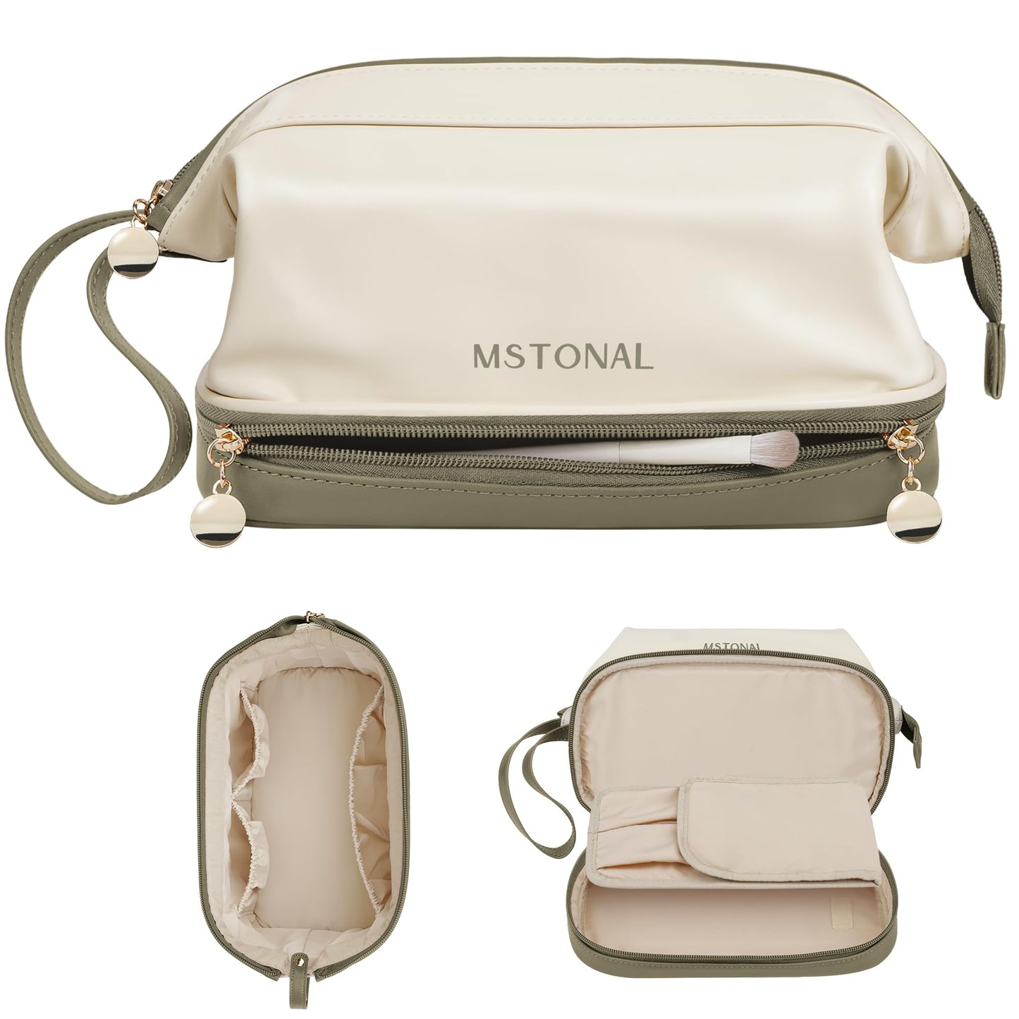 MSTONAL Travel Makeup Bag, Large Capacity Double Layer Cosmetic Bags for Women, Waterproof Portable Make Up Skincare Pouch with Makeup Brush Organizer, Toiletry Bag for Essentials, Beige & Olive Green