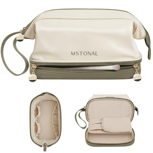 MSTONAL Travel Makeup Bag, Large Capacity Double Layer Cosmetic Bags for Women, Waterproof Portable Make Up Skincare Pouch with Makeup Brush Organizer, Toiletry Bag for Essentials, Beige & Olive Green