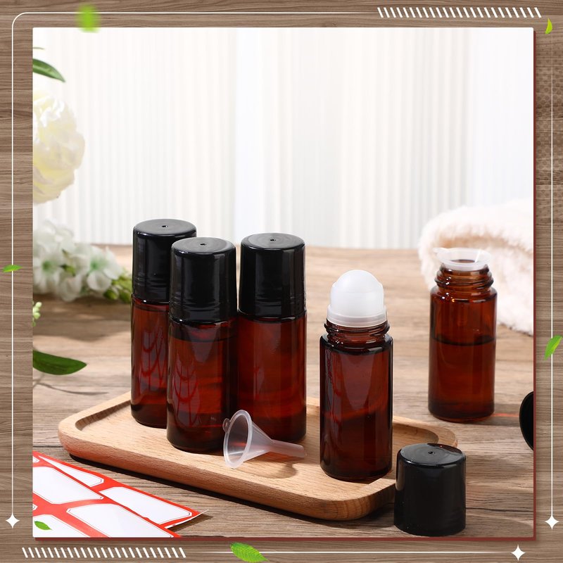 Sumind 24 Pcs Glass Roller Bottles for Essential Oil 50ml Empty Deodorant Bottle Roller Ball Container Refillable Rollerball Bottle with Plastic Balls, Funnel and Sticker (Brown)
