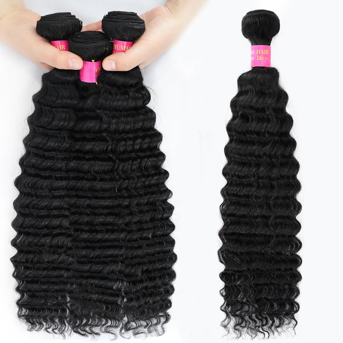 Deep Wave Bundles Human Hair 18 Inch 1 Bundle Human Hair 12A 100% Unprocessed Brazilian Virgin Hair Curly Weave Bundles Real Human Hair Extensions Natural Black