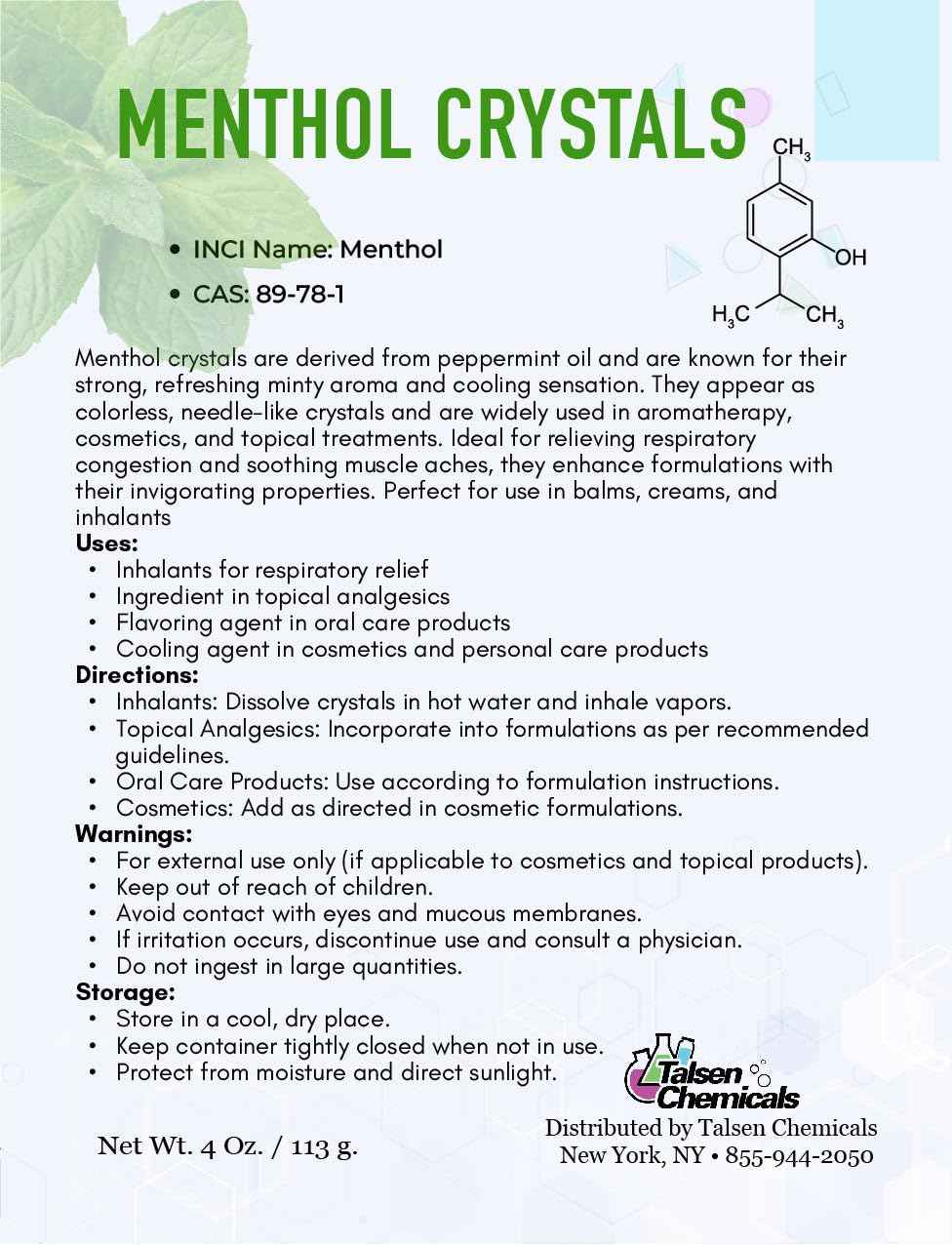 Menthol Crystal Cosmetic Grade - 8 Oz / 226 Grams - Menthol Crystals Organic 100% Pure Peppermint Extract for DIY Cosmetics - Menthol Crystals for Shower Steamers,Creams & Soaps by Talsen Chemicals