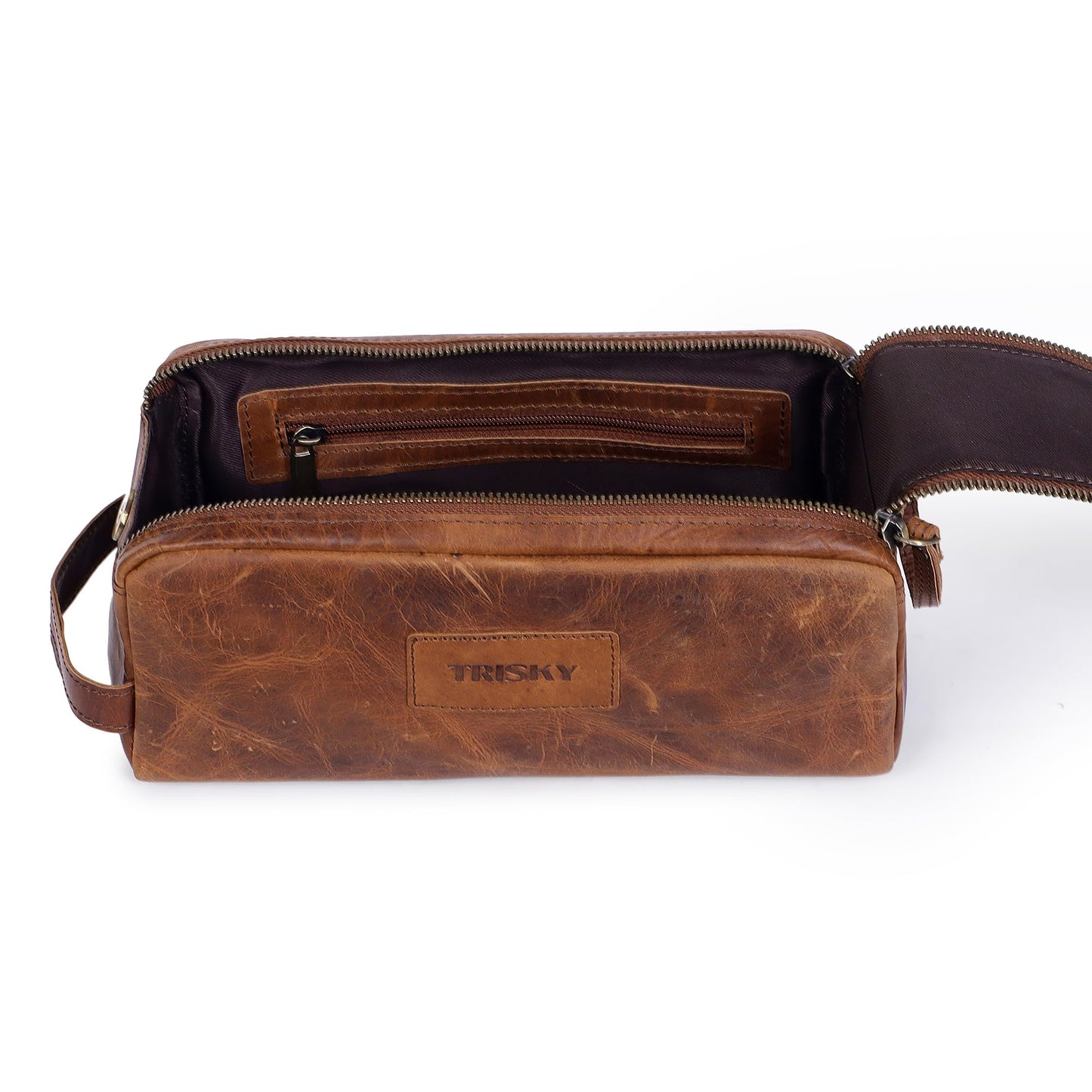 TRISKY Buffalo Leather Toiletry Bag For Men & Women- Grooming Bag For Men, Travel Pouch With Water Resistant Lining, Leather Toiletry Bags For Mens, King-size Handcrafted - Tan
