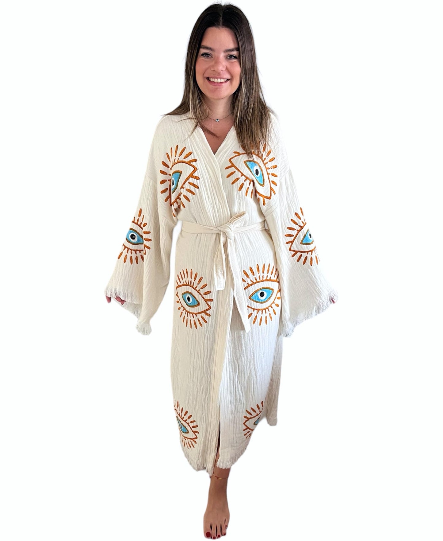 Handmade Evil Eye Kimono - Women Beach Cover Up - Festival Bohemian Robe - Boho Cotton Cardigan - Dressing Gown (Gold Eyes)