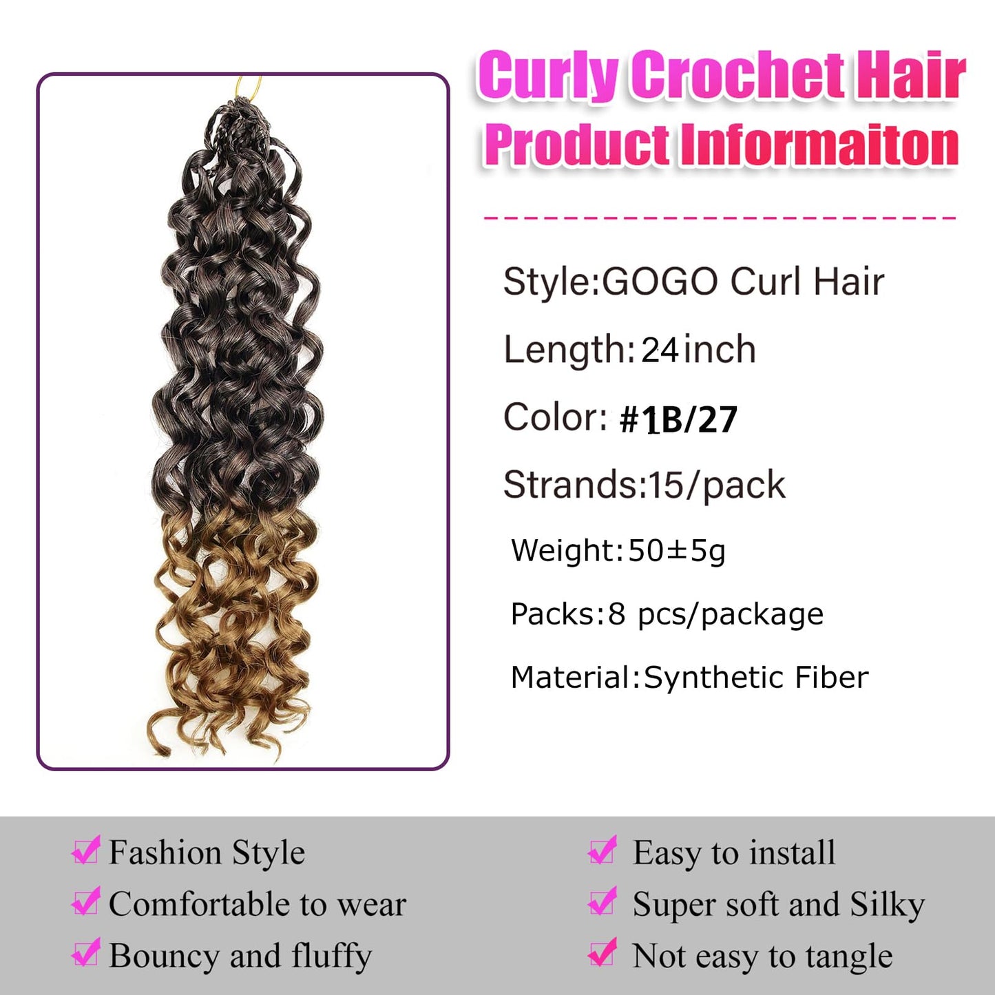 Gogo Curl Crochet Hair 8 Packs Ocean Wave Beach Curl Crochet Hair 24 Inch Pre Looped Long Deep Wave Hair Extension Synthetic Braiding Hair for Women Natural Black 1B/27