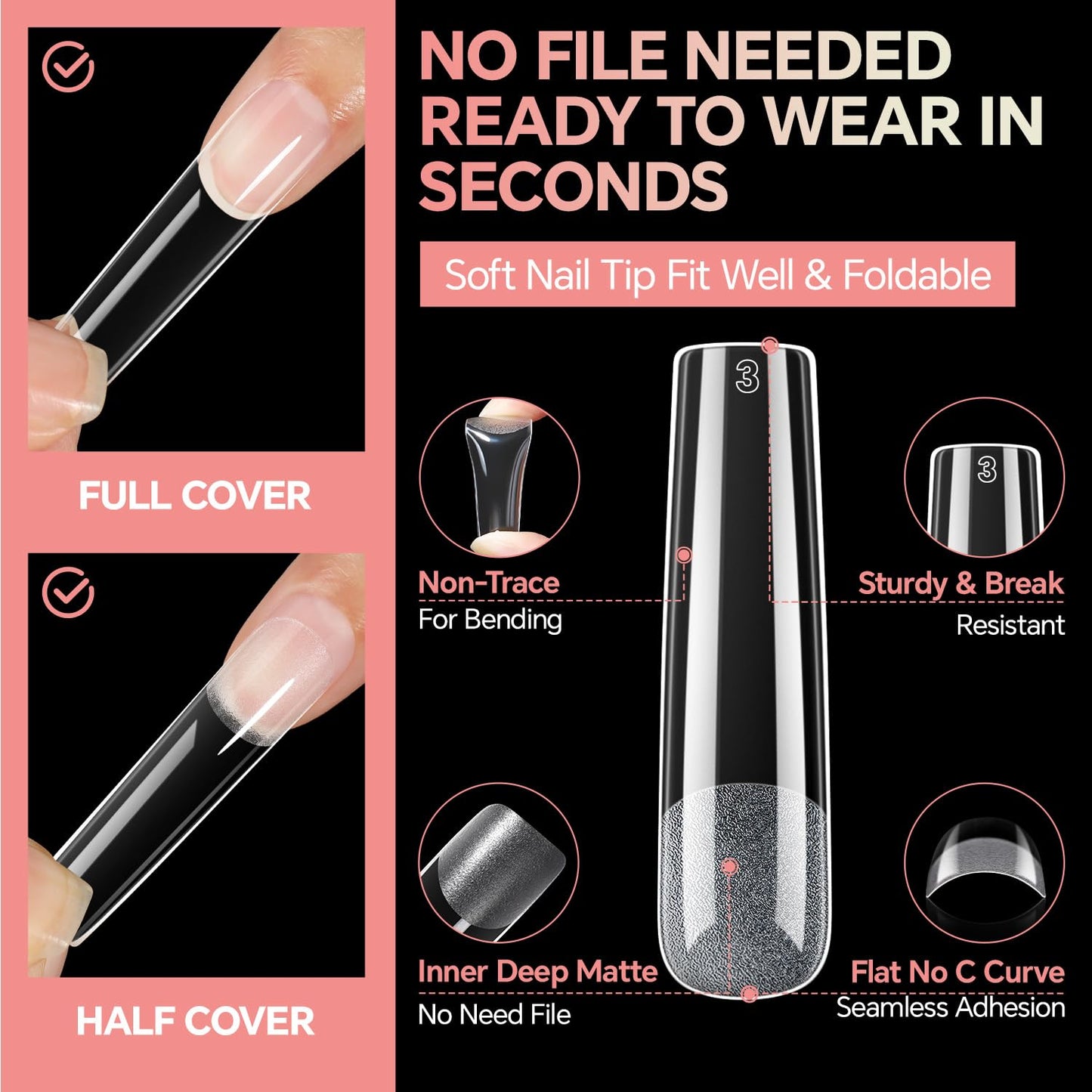 Luckyfairy XXL No C Curve Square Flat Nail Tips, 240pcs Extra Long Straight Tapered Acrylic Gel Fake Nails, Matte Full Cover Clear Press on for Extension Manicure Home DIY 12 Sizes Gelly Tips