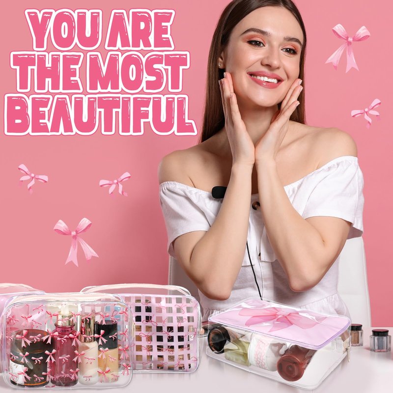 Sunnymove 12 Pcs Pink Bow Makeup Bags Bulk for Women Clear PVC Coquette Cosmetic Bag with Zipper Travel Toiletry Pouch Pink Bow Gifts for Birthday Coquette Party Favor Storage Accessories
