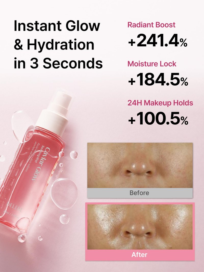 Delere Caviar Glow Soothing Mist | Korean Glass Skin Spray Serum with 5% Caviar & Squalane - Instant 3-Second Radiance & Makeup Setting – Anti-Aging Collagen Booster for Sensitive Skin, 3.4oz