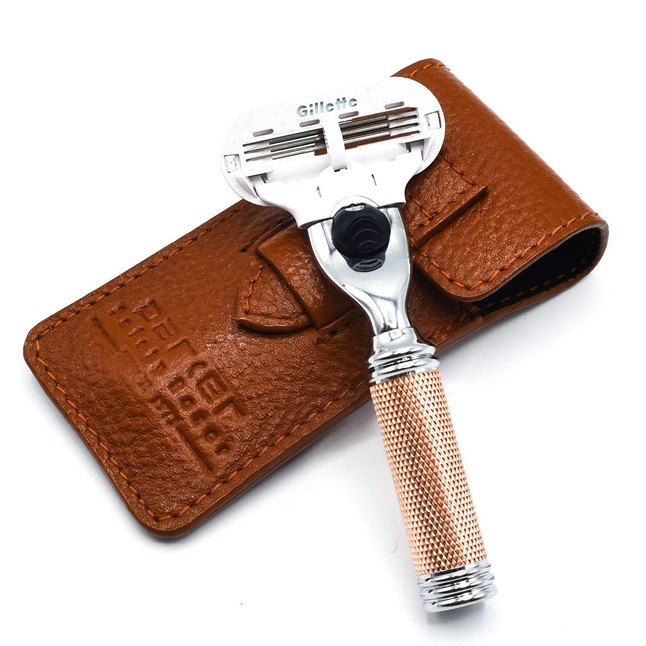 Parker Women’s Travel Razor – Compatible with Gillette® Venus® Cartridges – Compact 3‑Blade Razor with Rose‑Gold Chrome Brass Handle & Buffalo Leather Travel Case