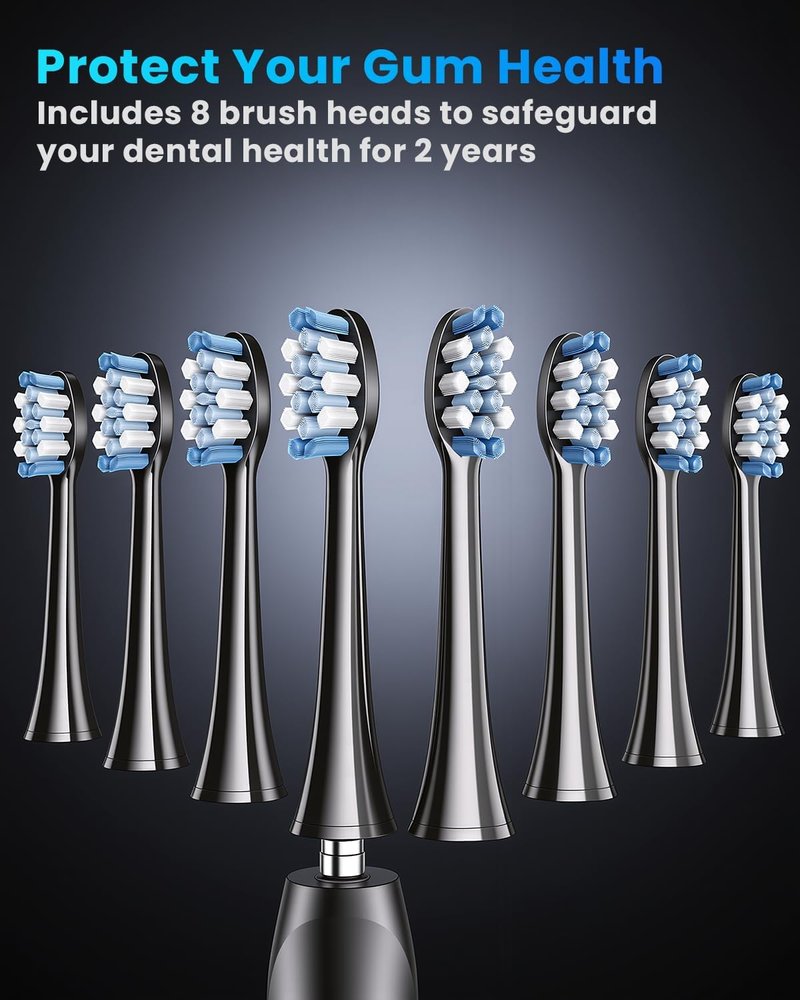 Ultrasonic Electric Toothbrush for Adults - Rechargeable with 8 Brush Heads & Travel Case | 5 Modes, Smart Timer