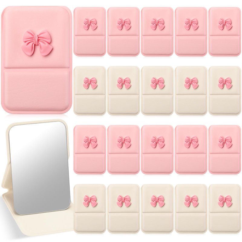 Amyhill 24 Pcs Bulk Mini Folding Bow Mirror Compact Fold Mirror Preppy Bow Gift for Women Birthday Bridal Shower Bachelorette Graduation Party Supplies(Folding, Beige and Pink)