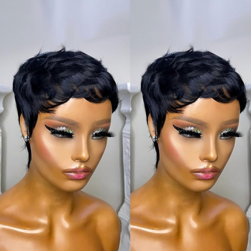 Pixie Cut Wig - Human Hair Short Layered Wig for Black Women | Glueless Full Machine Made with Bangs, Black Color