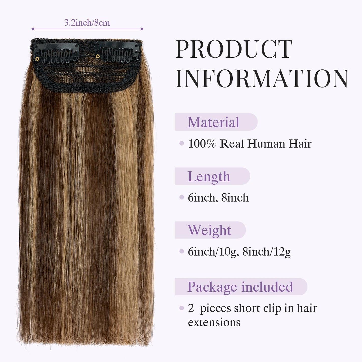 S-noilite 2 pieces 8 inch Clip In Short Hair Extensions 100% Remy Human Hair Invisible Mini Short Clip in Hairpiece for Women with Thinning Hair Medium Brown Mixed Dark Blonde