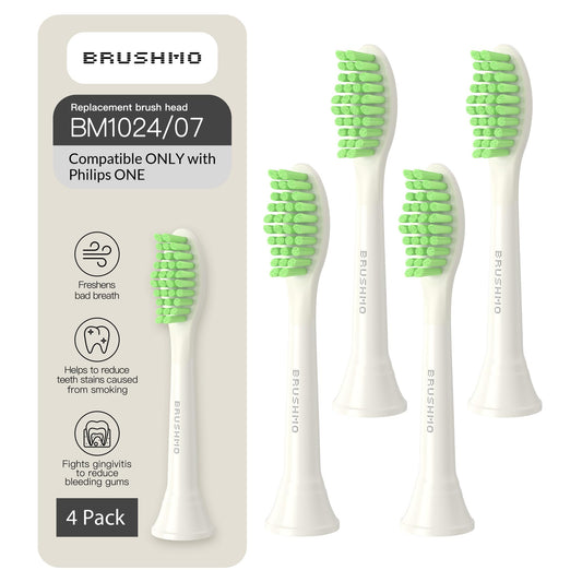 Brushmo Replacement Toothbrush Heads, Compatible with Philips One for Sonicare Electric Toothbrush Handles HY1022, 4 Standard Heads with Tongue Cleaner, Soft Dupont Bristles, BM124m, Snow White