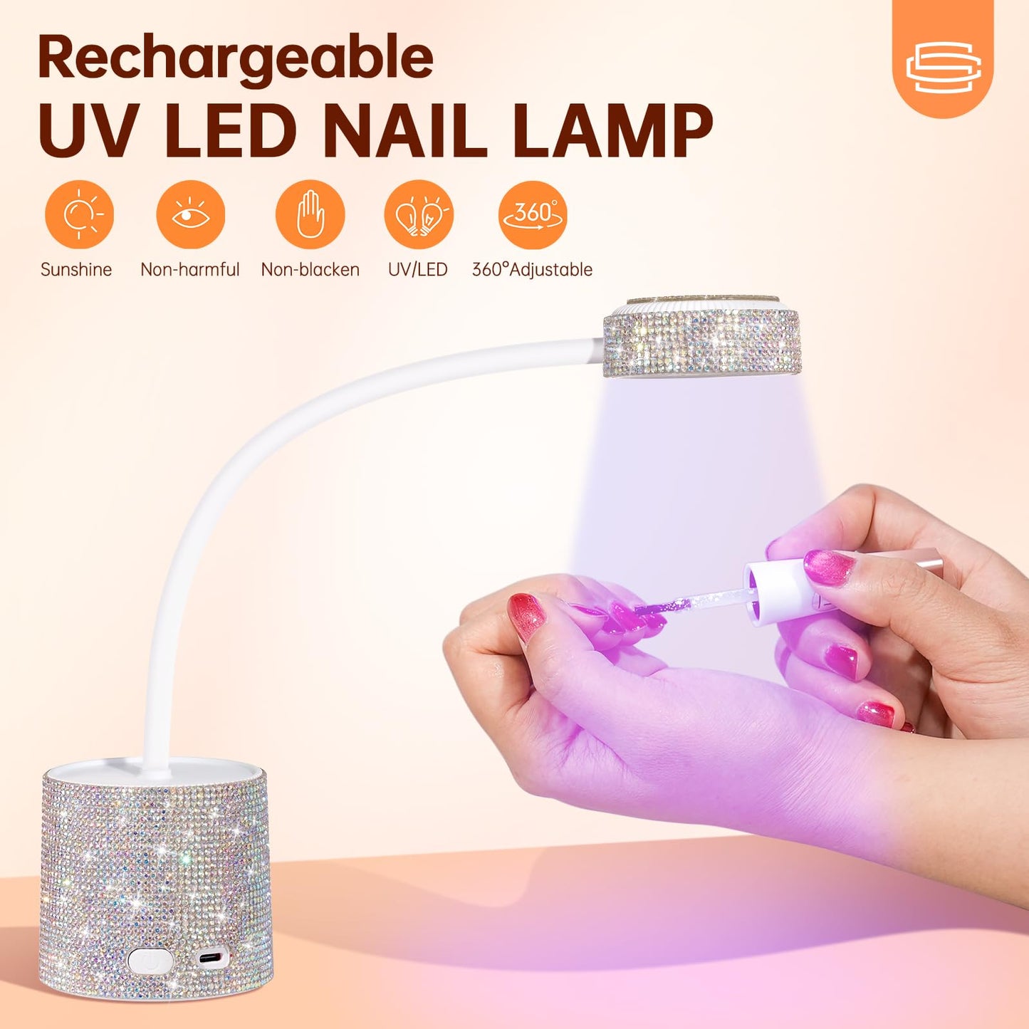 CHRISTINE SHELLY UV Nail Lamp, Flash Cure Nail Lamp Mini UV Light for Gel Nails Polish, Rechargeable Nail Dryer, Quick Drying Gooseneck UV Lamp for Home Nail Salon DIY Manicure, AB Diamond