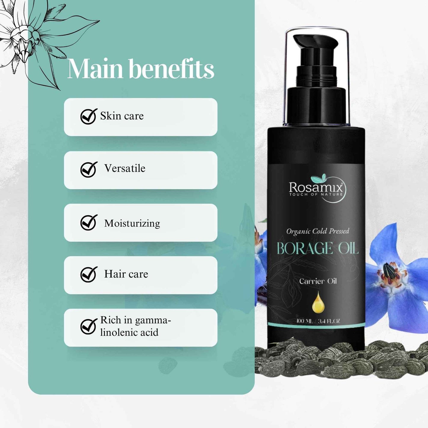 Rosamix Organic Borage Oil Cold Pressed 100 ml – Ideal for Very Dry Skin – Native Care Oil for Body, Face & Hair