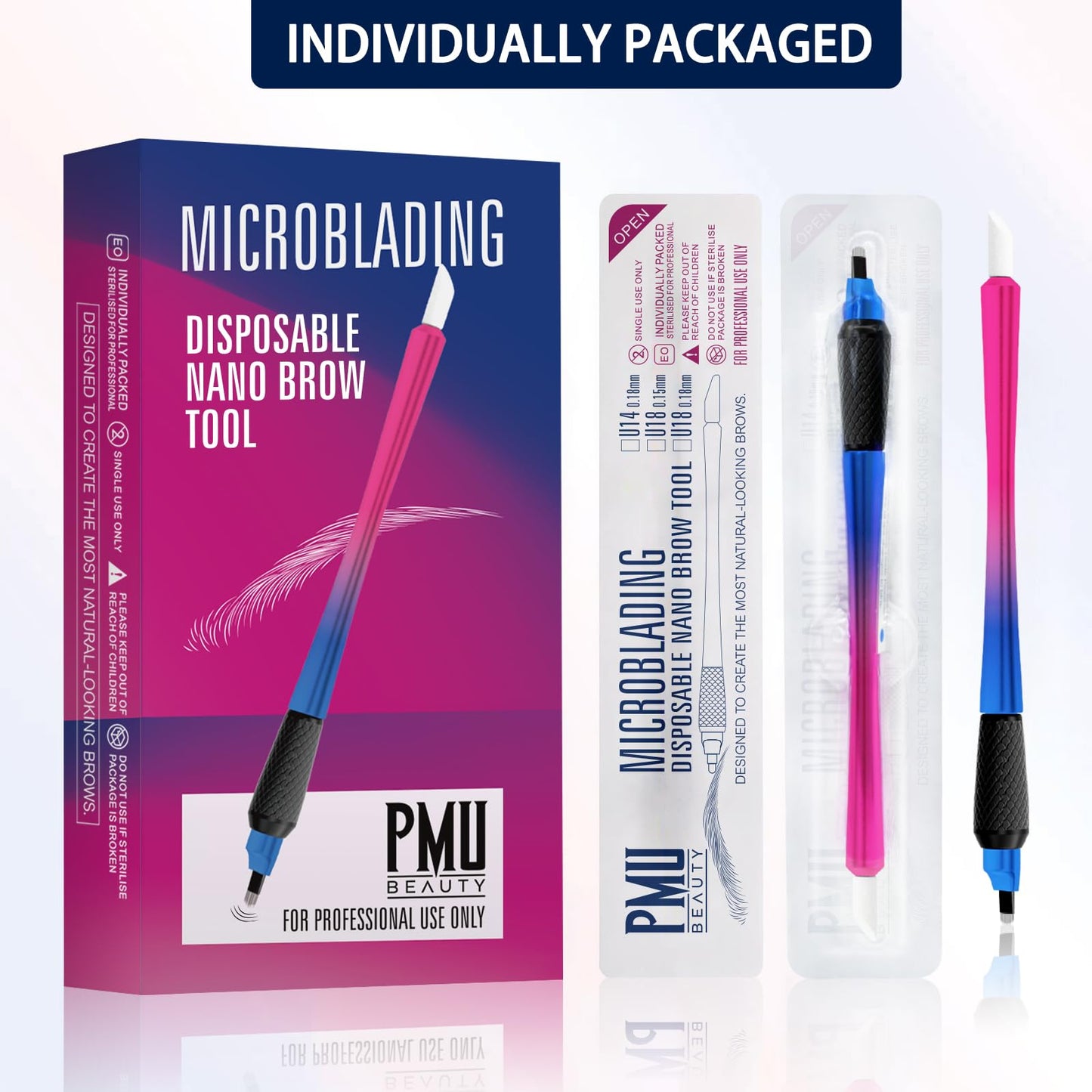 PMUBEAUTY 10Pcs Disposable Microblading pen sterilized 18 U-shaped 0.15mm Nano Blade Manual Eyebrow Pen Comfortable Rubber Grip with Pigment Sponge for Eyebrow Tattoo Permanent Makeup (18U 0.15mm)