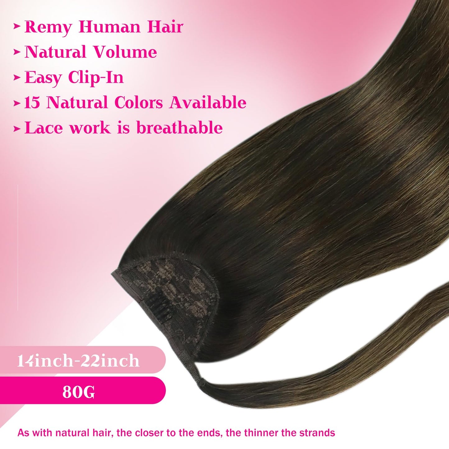Ve Sunny Hair Extensions Ponytail Real Human Hair 80g Wrap Around Straight Ponytail Extensions Dark Brown Balayage Chestnut Brown clip in Style Short Length 14 Inch