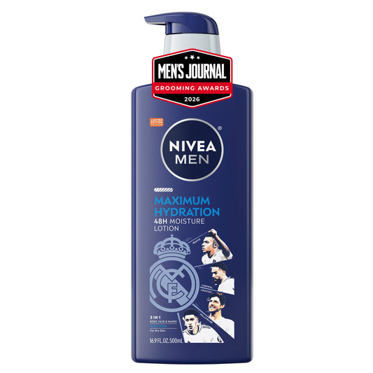 NIVEA MEN Real Madrid Limited Edition Design Maximum Hydration 48-Hour Moisture Body Lotion for Dry Skin, Aloe Vera Lotion for Men, 3-in-1 Body, Face and Hands, 16.9 Fl Oz Bottle