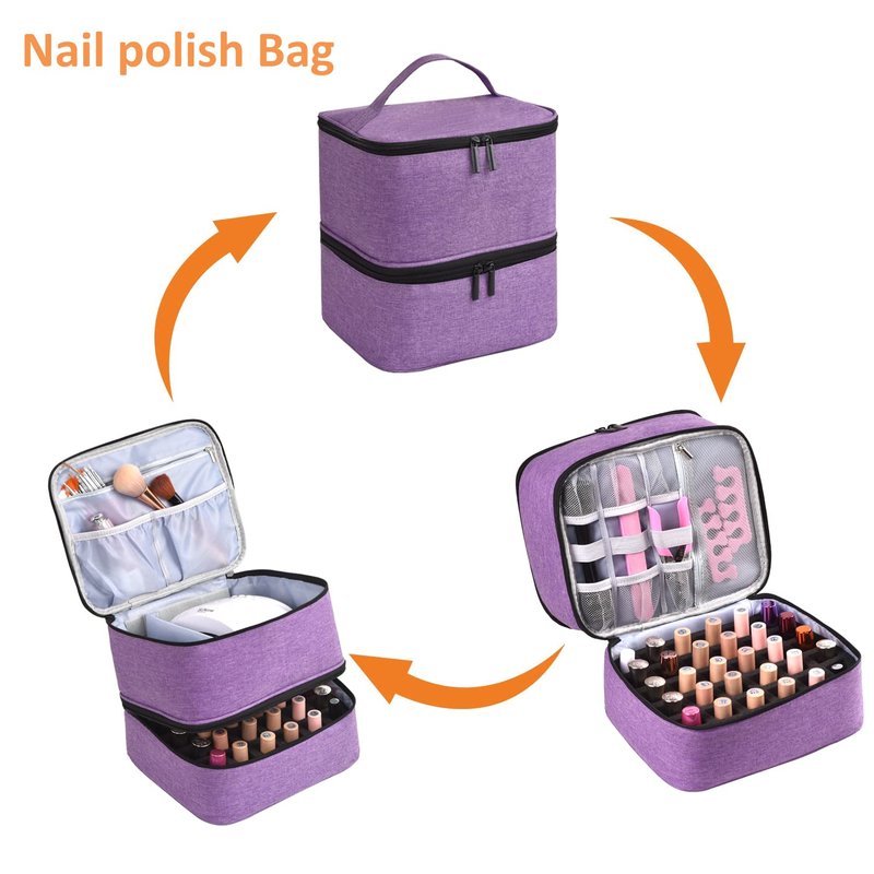 Nail Polish Organizer - Double-Layer Storage for 30 Bottles & Lamp | Portable Purple Travel Case with Handle