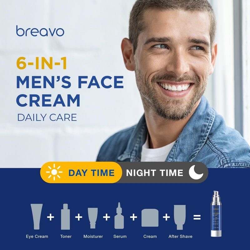 Breavo 6 in 1 Face Cream for Men: 6 in 1 Mens Face Moisturizer, Mens Face Cream Anti Aging - Eye Bags Treatment & Wrinkle Cream for Men 1.7 oz