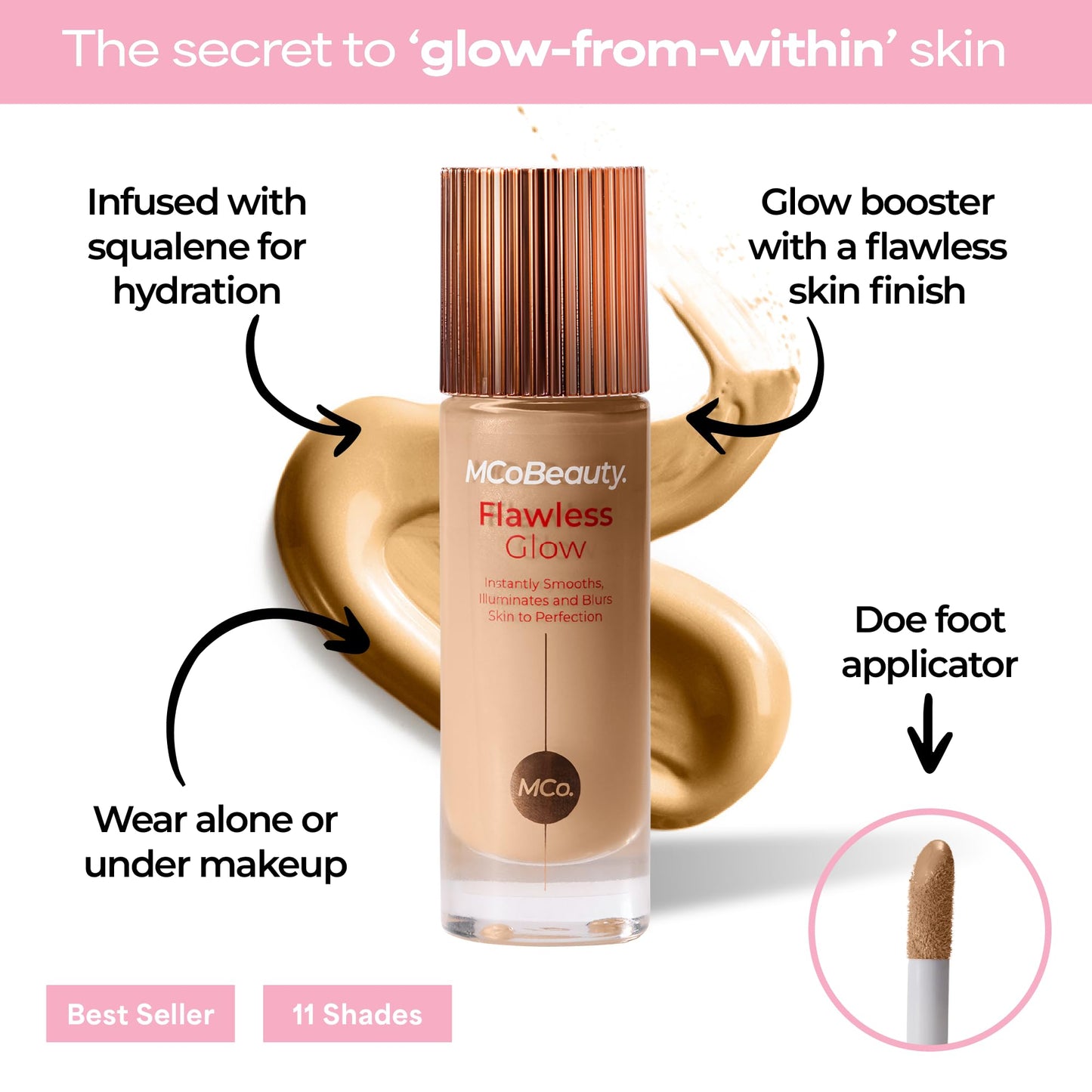 MCoBeauty Flawless Glow Luminous Skin Filter - 4 Medium - 4-in-1 Primer, Highlighter & Foundation Booster - Dewy Illuminating Tint Face Makeup with Squalane Vitamin E - Vegan & Cruelty Free