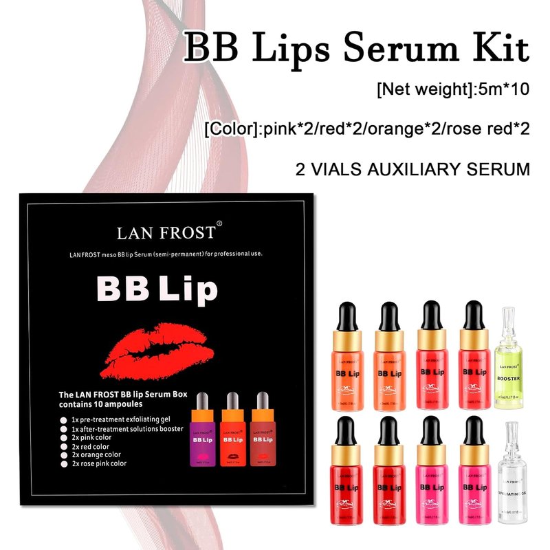 BB Lips Serum Starter Kit - Semi-Permanent Makeup Treatment with 4 Liquid Lip Pigments & Exfoliating Gel