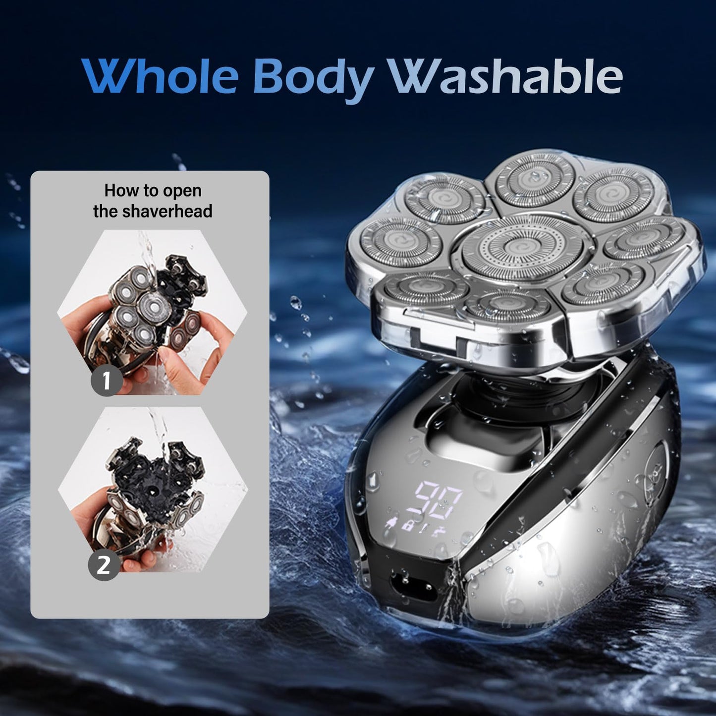 Head Shavers for Bald Men,Detachable Head Shaver,Electric Razor for Men,IPX6 Waterproof Wet Dry Bald Head Shavers,9D LED Display Electric Rechargeable Head Shaving Grooming Kit with USB Charge