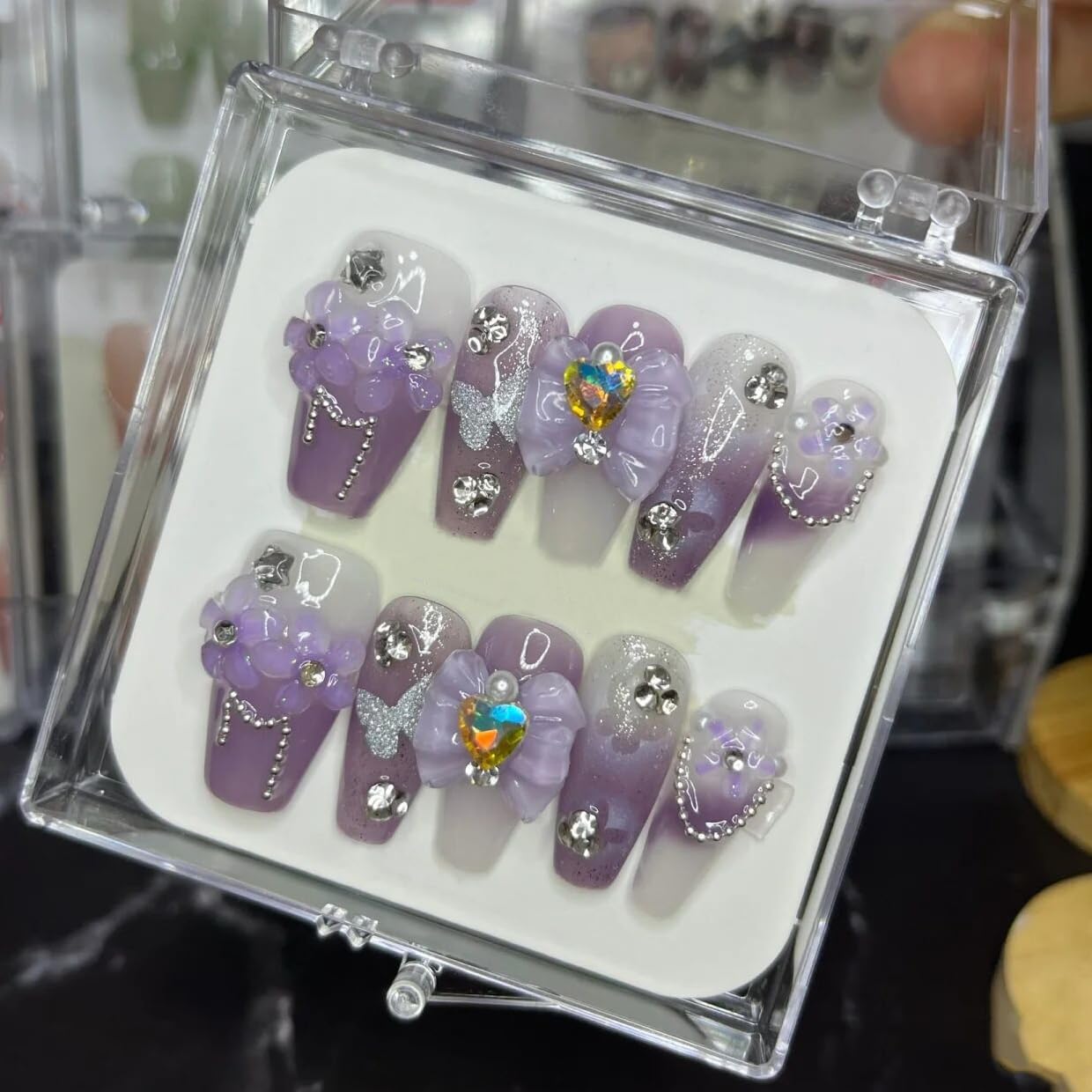 Handmade Fake Nails Long Purple Rhinestones Bow Flowers Design Press-on Nails Printing Glitter Silver Butterfly False Tips 10Pcs Size L