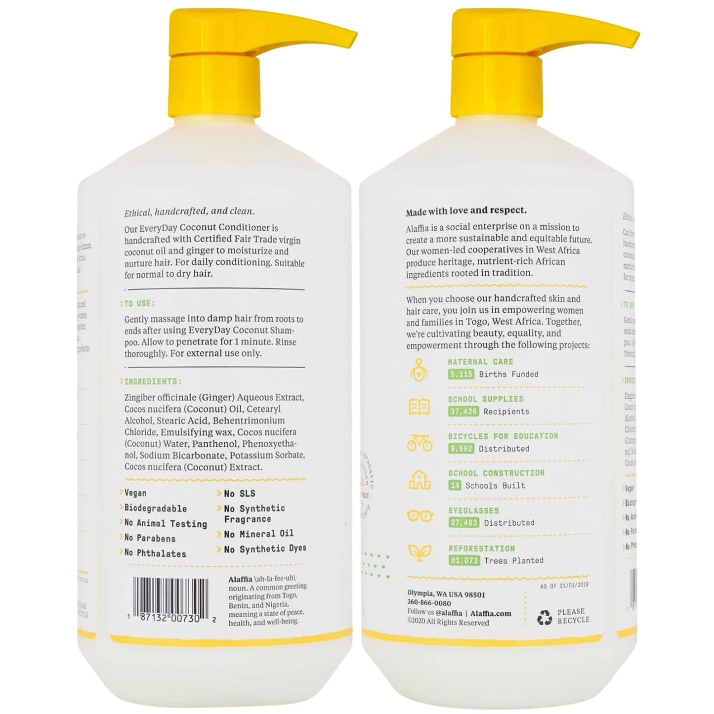 Alaffia Conditioner, EveryDay Coconut 2-Pack – Purely Coconut Hydrating Hair Conditioner, Detangler, Frizz Control, 32 Oz Ea