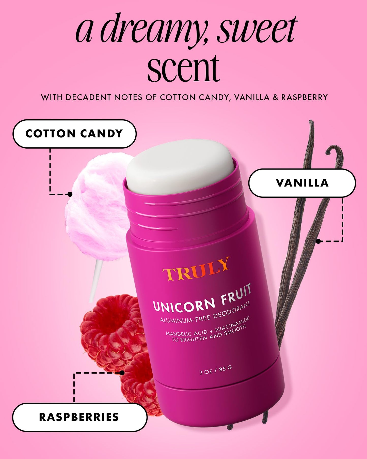Truly Unicorn Fruit Aluminum Free Deodorant | Cotton Candy Scent | Natural Deodorant for Brighter and Smoother Underarms - 3 Oz