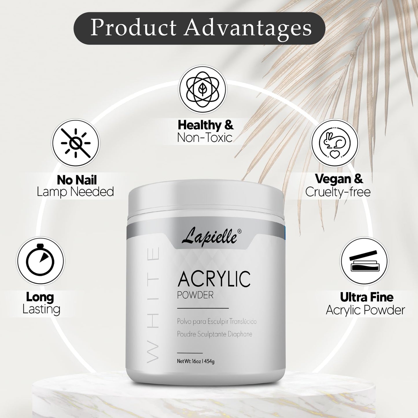 Lapielle Professional Acrylic Powder for Nail Art. Long-lasting, Large capacity and quick dry. Quality Salon Manicure Nail extension CLEAR, PINK, & WHITE (16oz) (White)