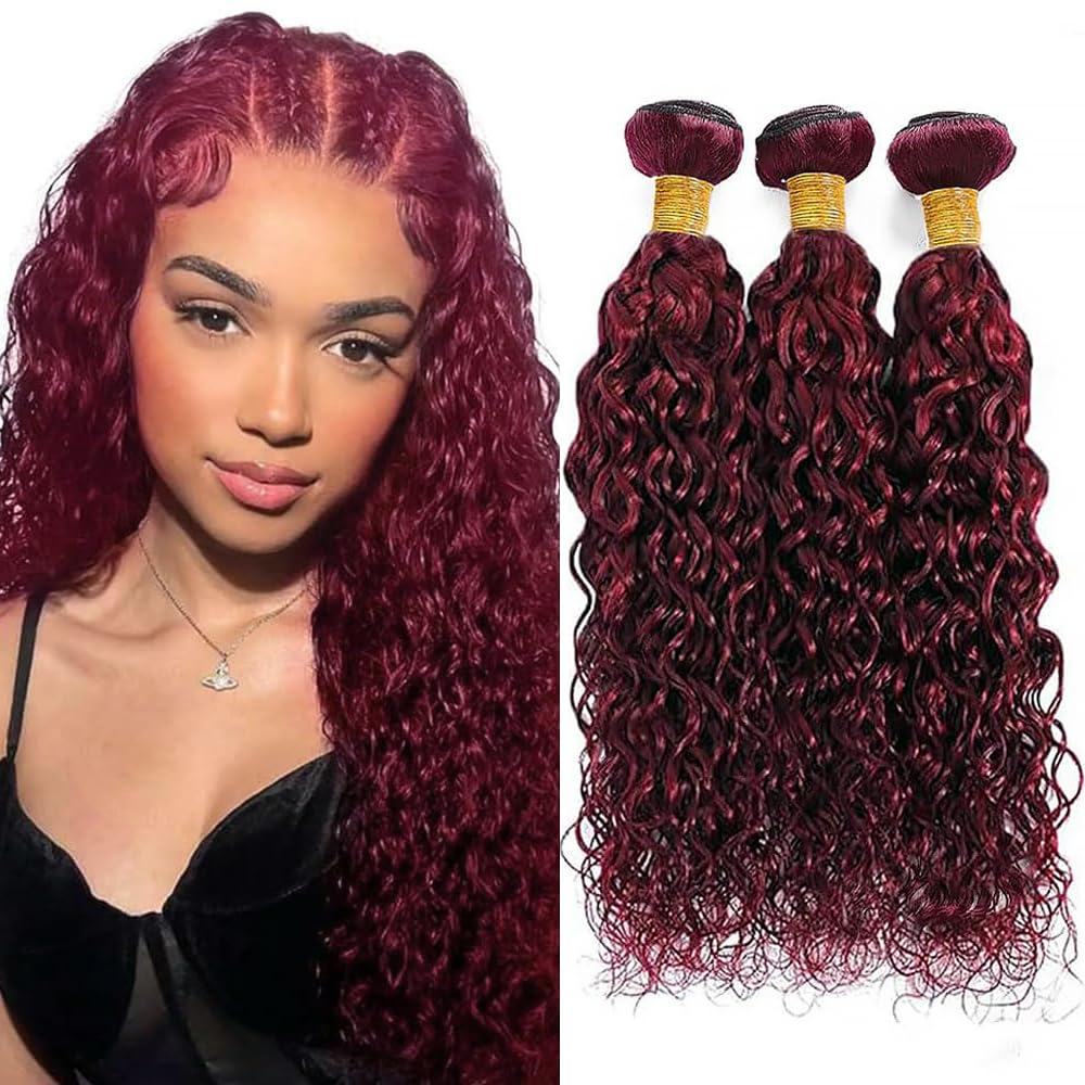 Water Wave Human Hair Bundles 16 18 20 Inch #99J Burgundy Bundles Human Hair Wine Red 12A Unprocessed Native Virgin Hair 50G Per Bundle 3 Extensions Wet and Wavy Weave for Women